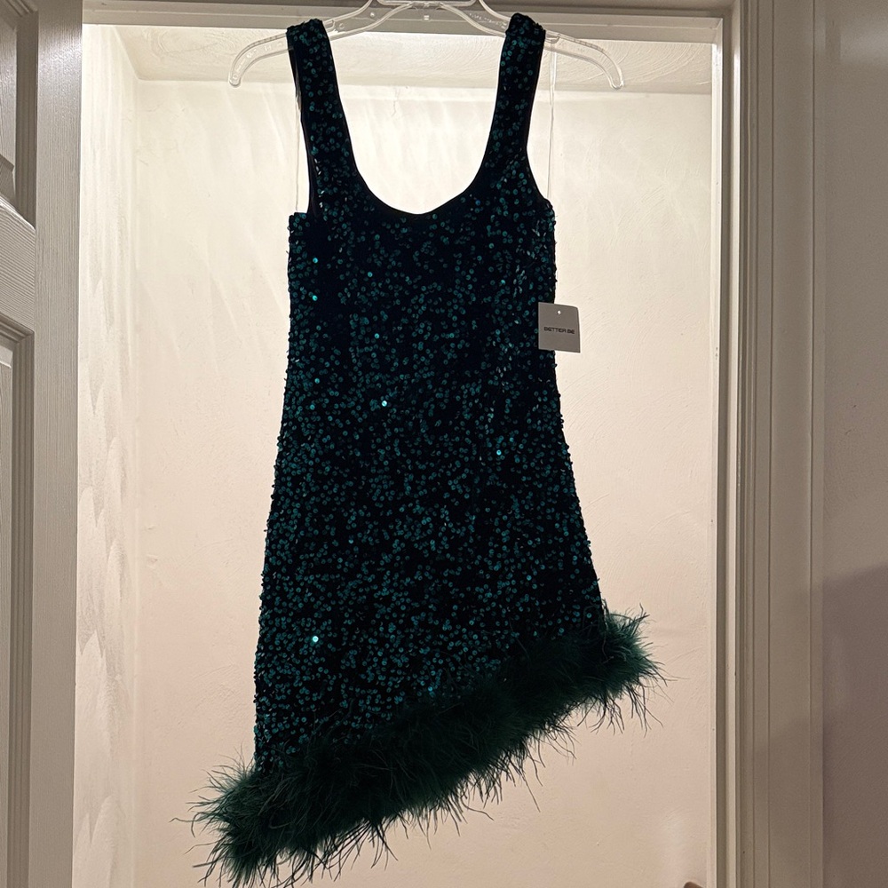Better Be Emerald Asymmetrical Sequin Dress